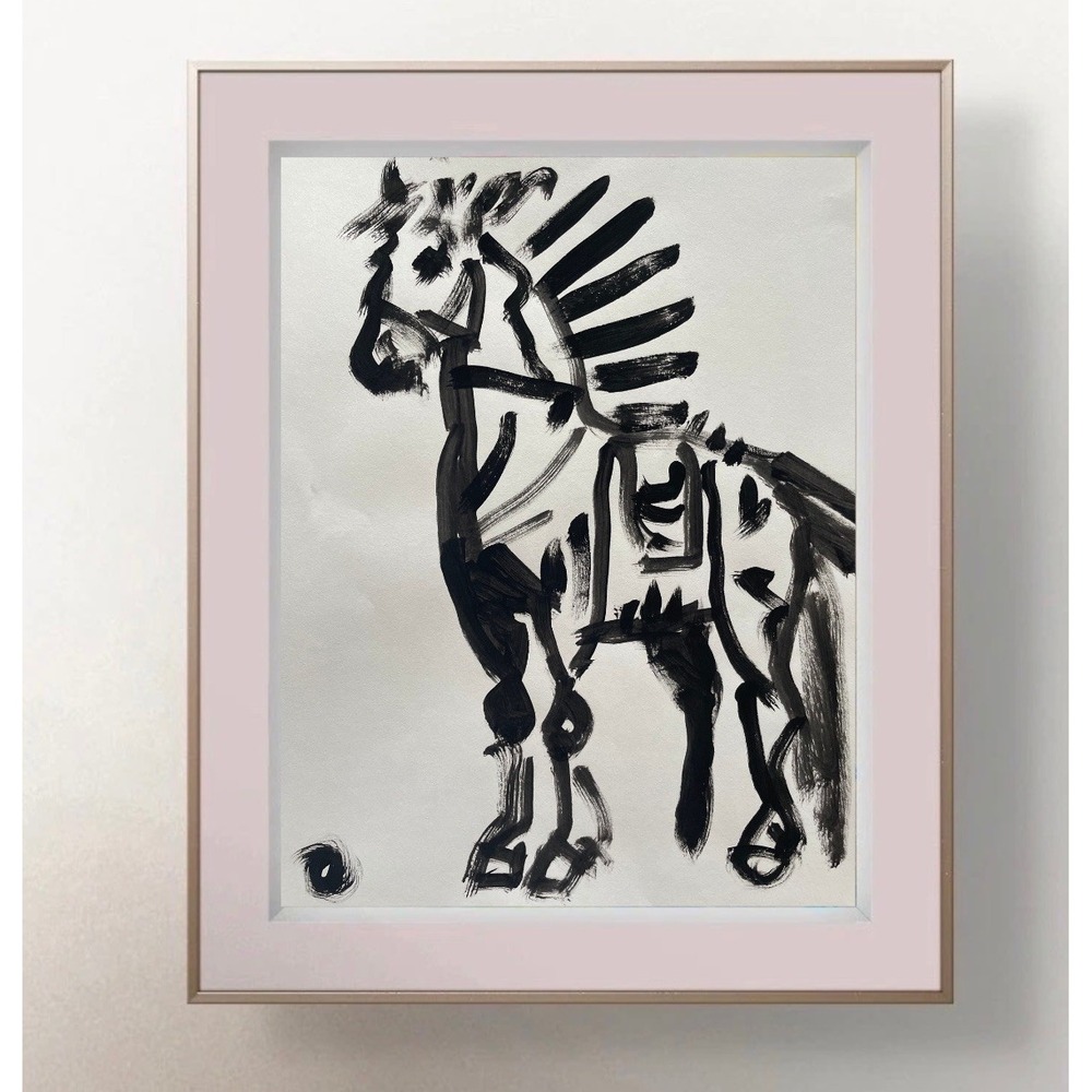Oman Black White Horse Painting Original Western Art Neo Expressionist 8.5x11